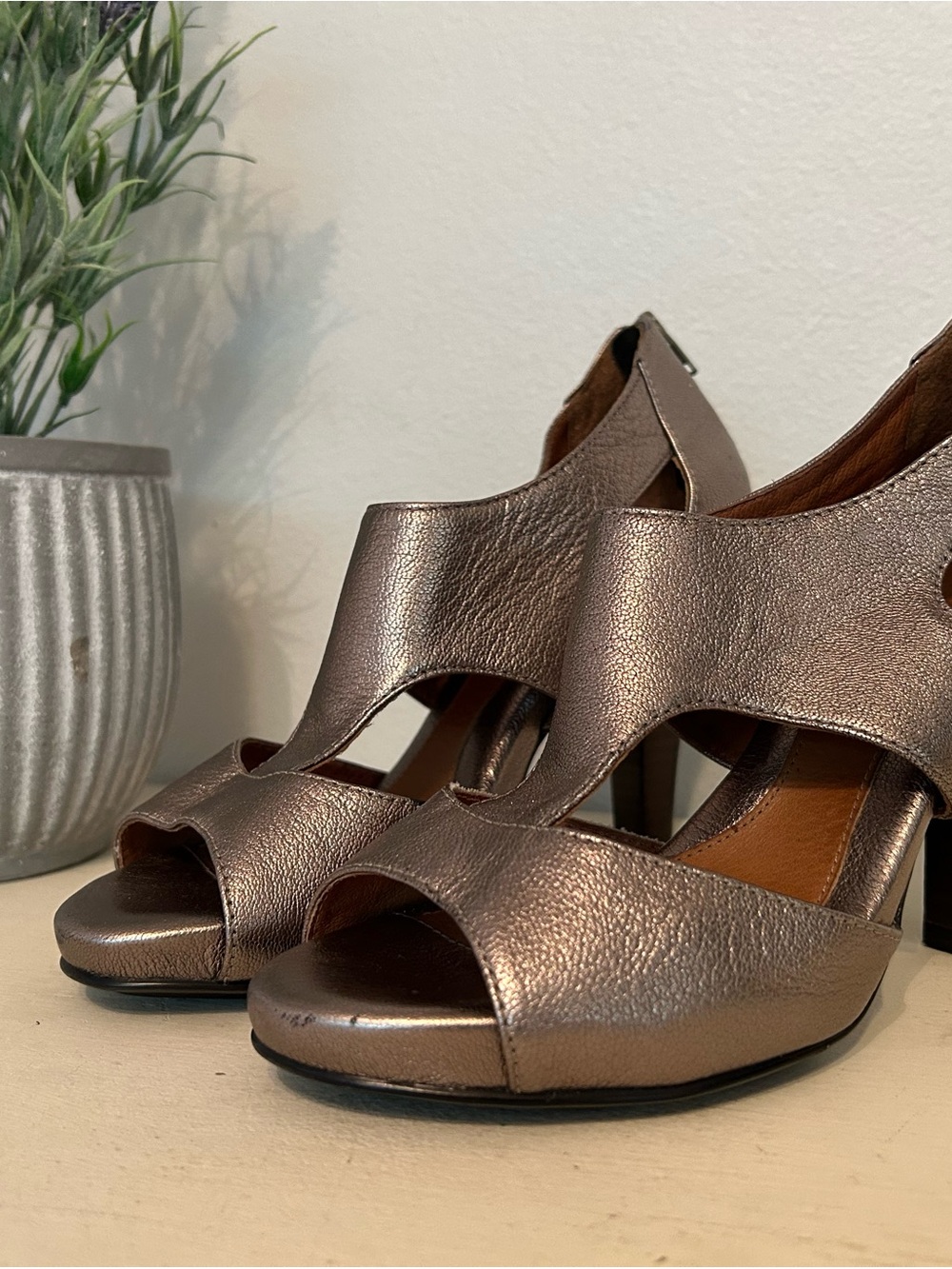 Sofft Metallic Bronze Open-Toe Heels (leather)